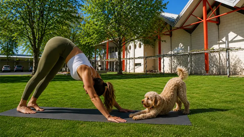 dog and person do yoga at winery in coonawarra